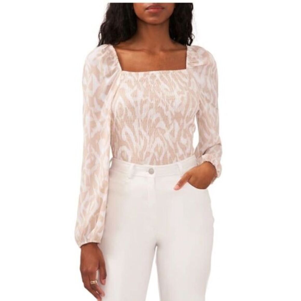 HALOGEN‎ Blouse L Scrolling Pink Variegated Smocked Puff Sleeve Scrolling Fairy